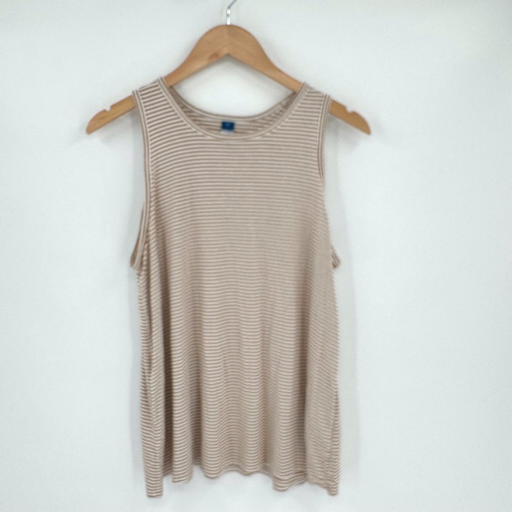 Old Navy Luxe Women L Tan White Striped Sleeveless Scoop Neck Tank Top Casual